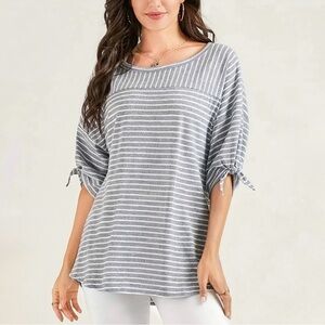 Luyaa Bow Sleeve Loose Tee Blouse Gray White Stripes NWT